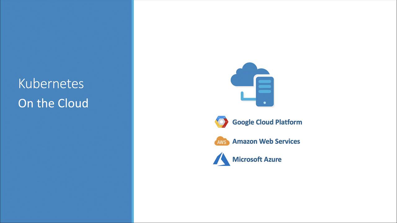 The image illustrates "Kubernetes on the Cloud" with logos of Google Cloud Platform, Amazon Web Services, and Microsoft Azure.