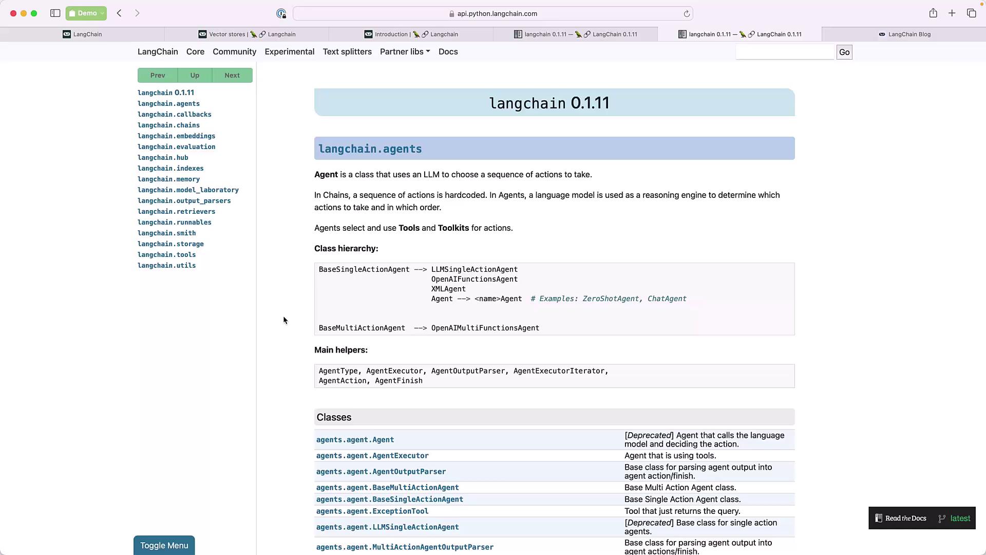 The image shows a webpage from the LangChain documentation, specifically focusing on the "langchain.agents" section, detailing classes and functions related to agents in version 0.1.11.
