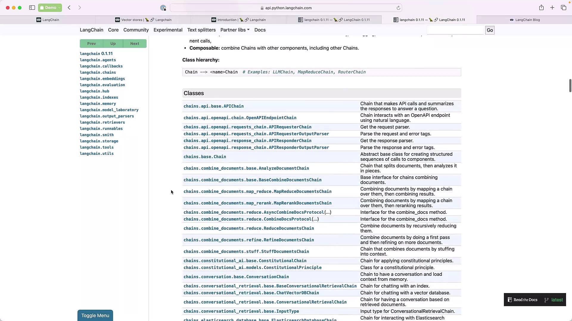The image shows a webpage from the LangChain documentation, specifically the API reference for chains, listing various classes and their descriptions.