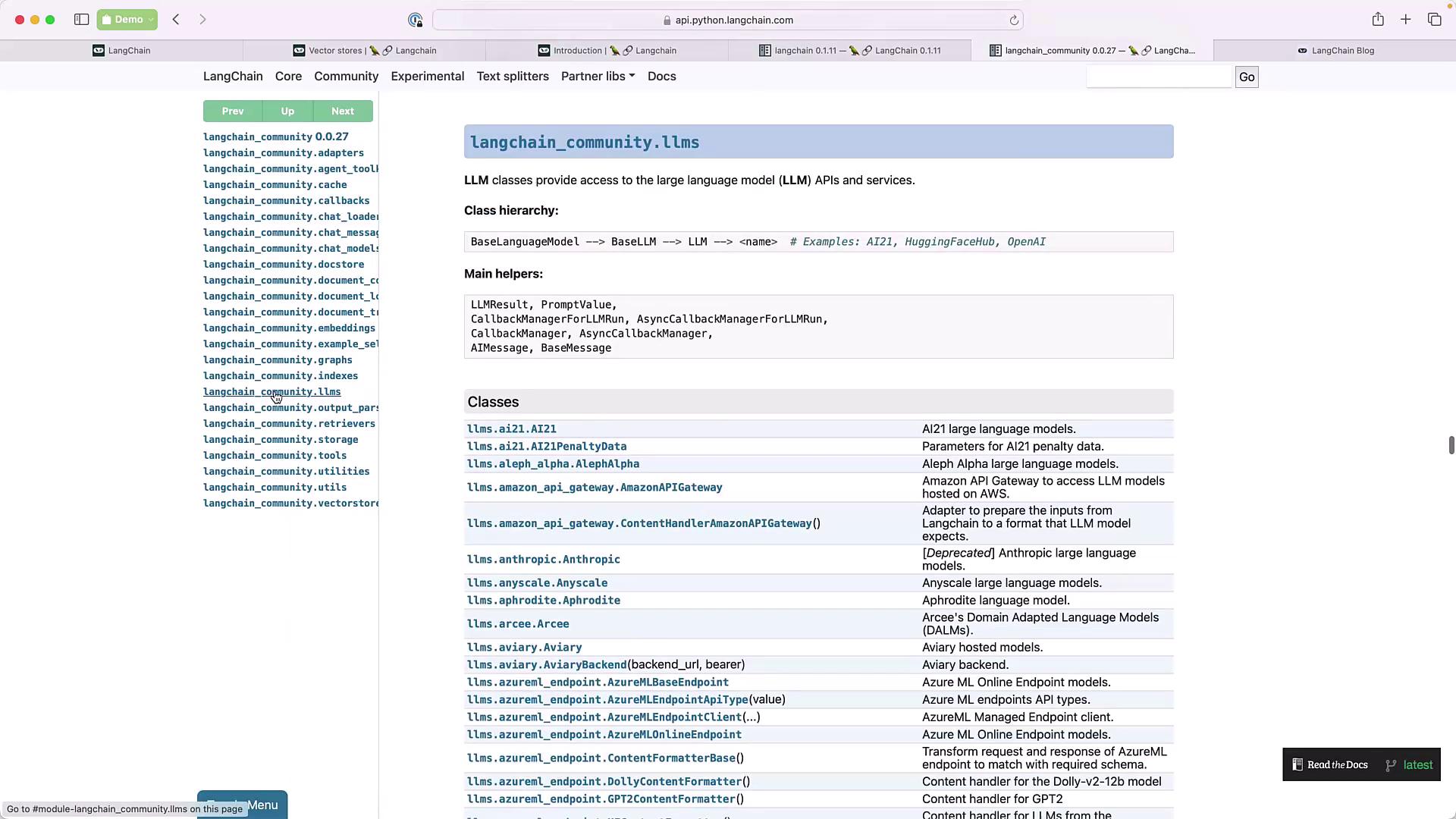 The image shows a webpage from the LangChain documentation, specifically the section on community LLMs (Large Language Models), listing various classes and their descriptions. The left sidebar contains a navigation menu with different modules.