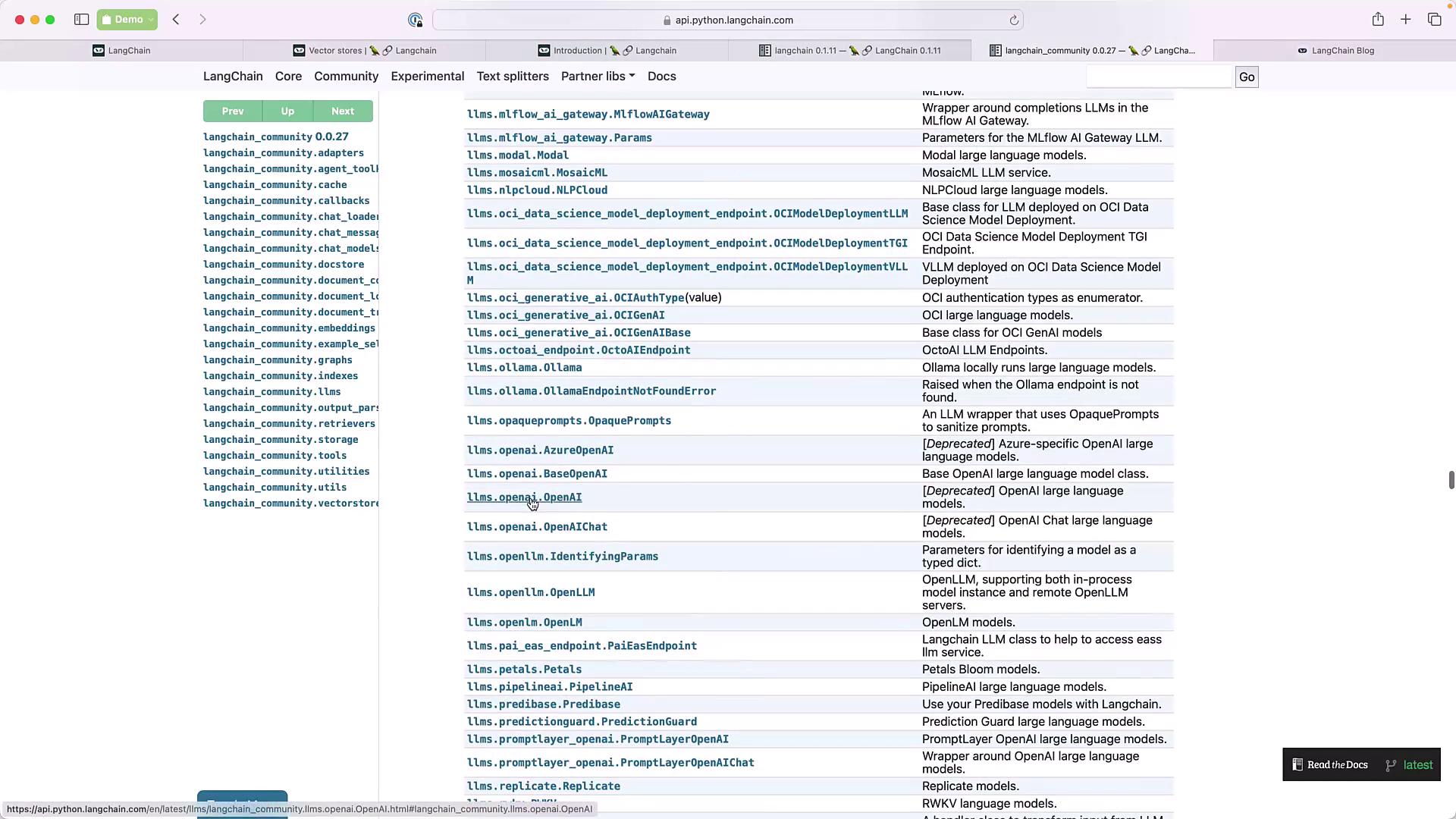 The image shows a webpage with a list of LangChain community modules and their descriptions, focusing on various large language models and integrations.