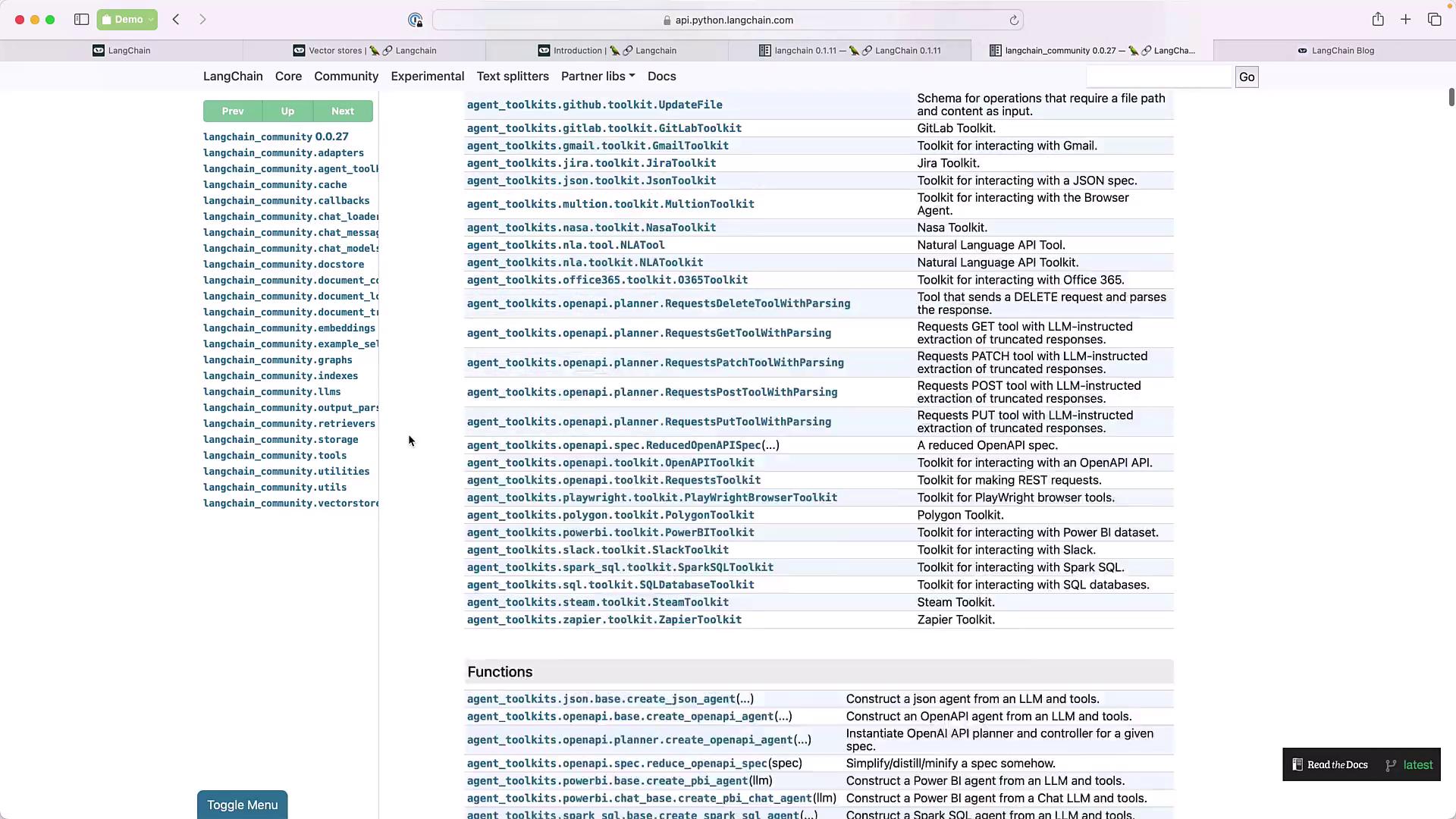 The image shows a webpage from the LangChain documentation, listing various toolkits and functions related to agent toolkits, along with brief descriptions of each.