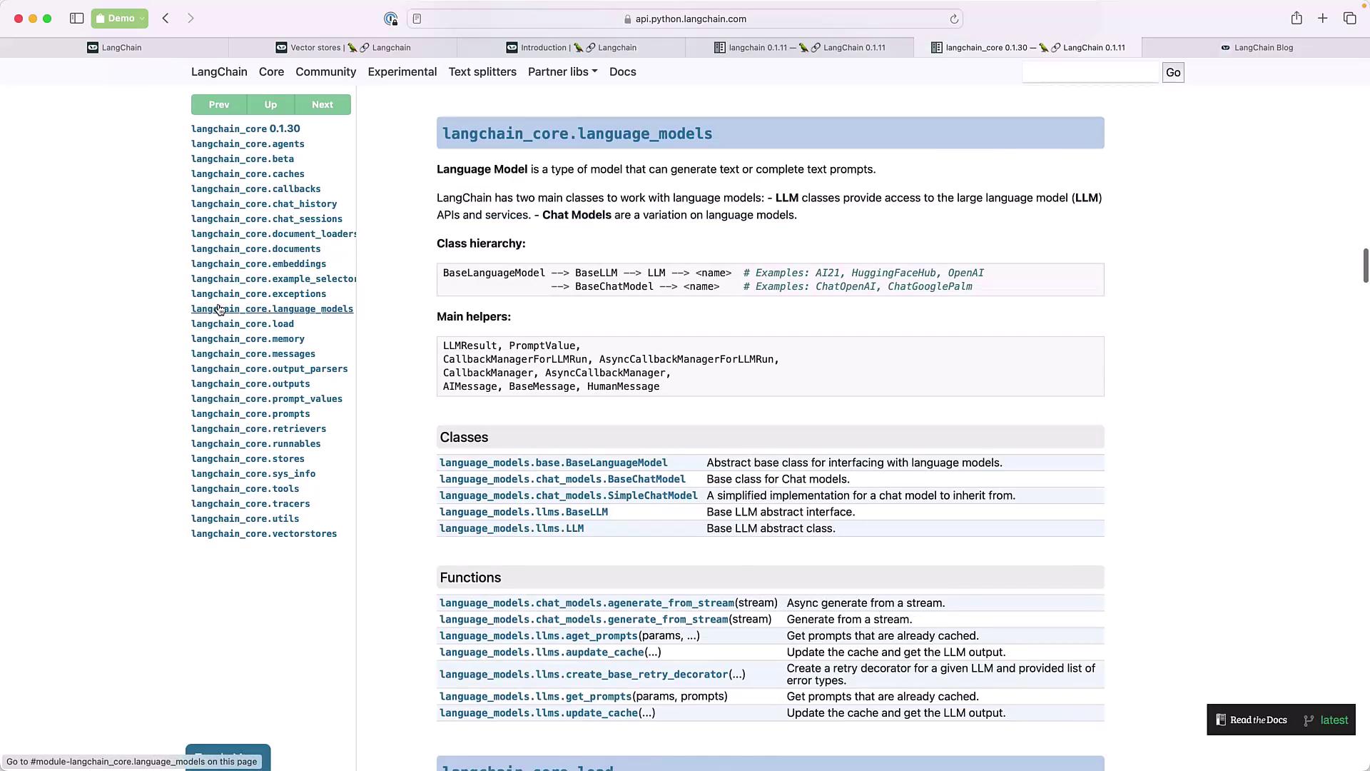 The image shows a webpage from the LangChain documentation, specifically focusing on the "langchain_core.language_models" module, detailing class hierarchies, main helpers, classes, and functions related to language models.