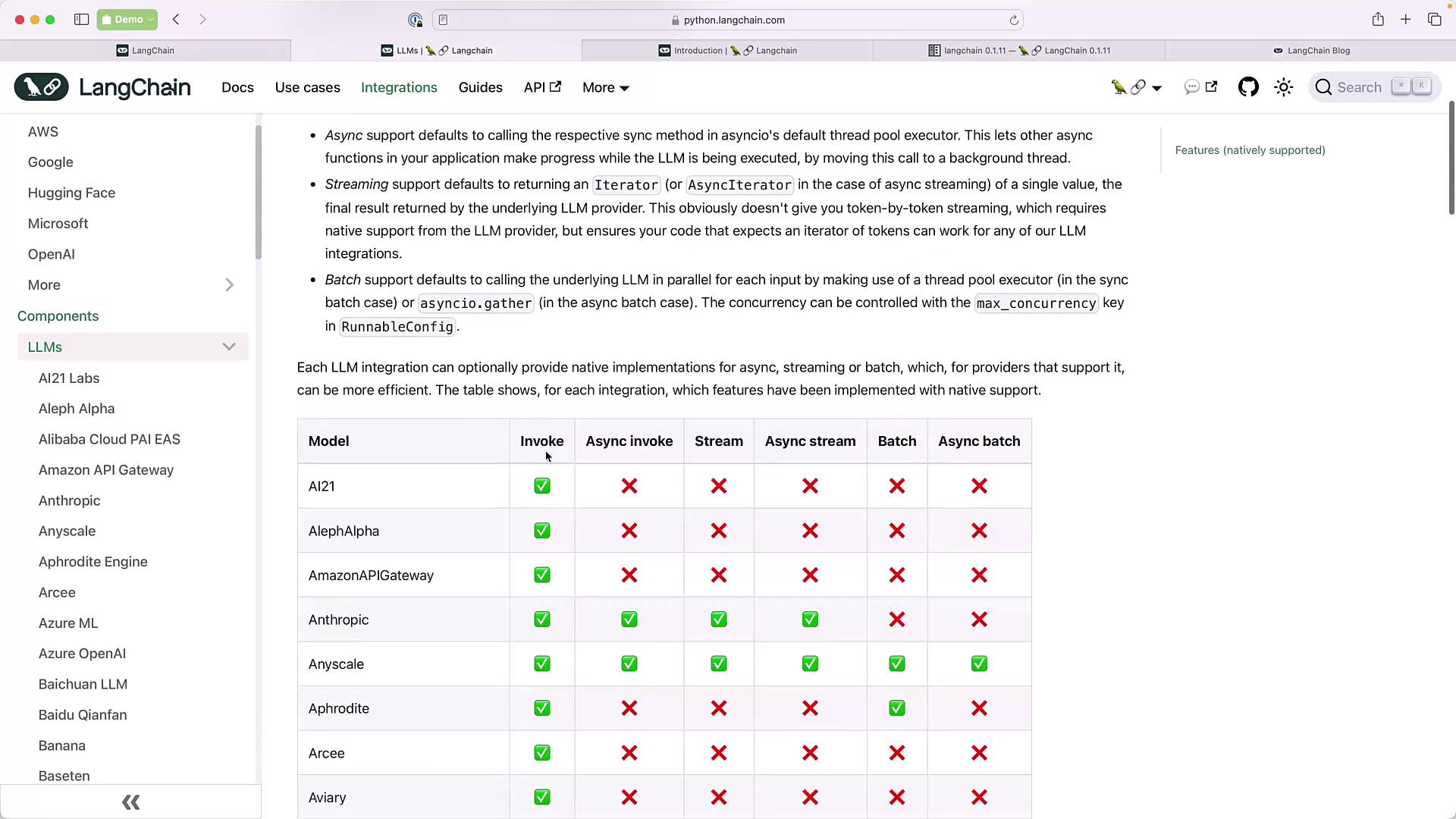 The image shows a webpage from LangChain's documentation, detailing LLM integration features with a table indicating support for various functionalities like invoke, async invoke, stream, and batch for different models.