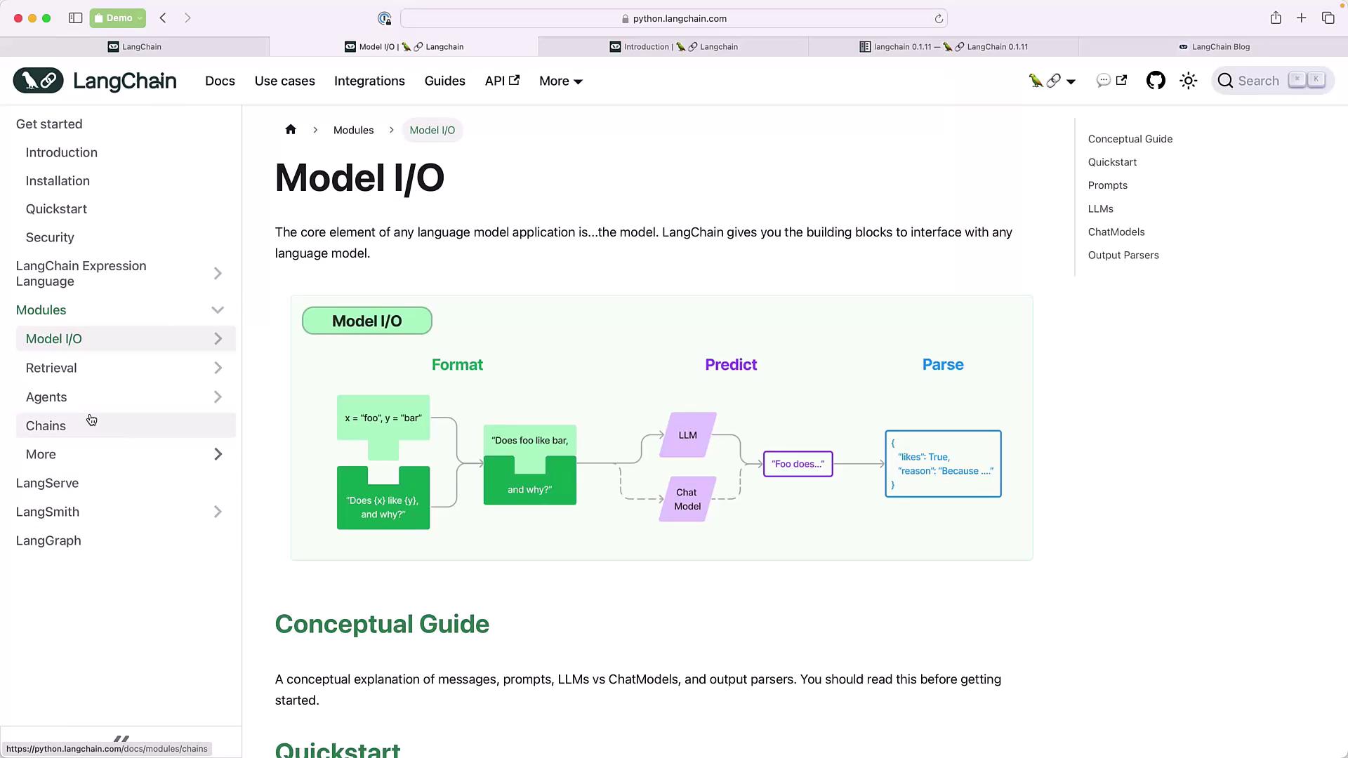 The image shows a webpage from LangChain's documentation, specifically the "Model I/O" section, featuring a flowchart illustrating the process of formatting, predicting, and parsing data with language models.