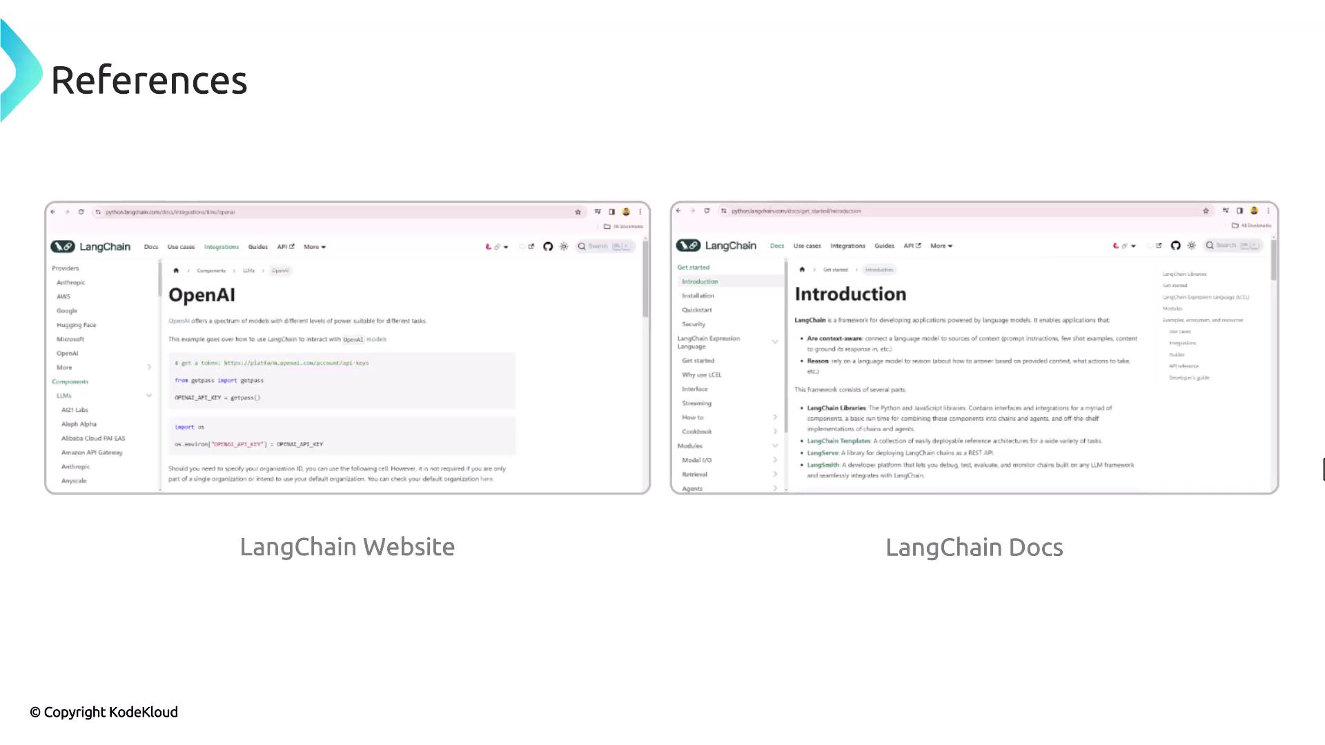 The image shows two screenshots of the LangChain website and documentation, featuring sections on OpenAI integration and an introduction to LangChain.