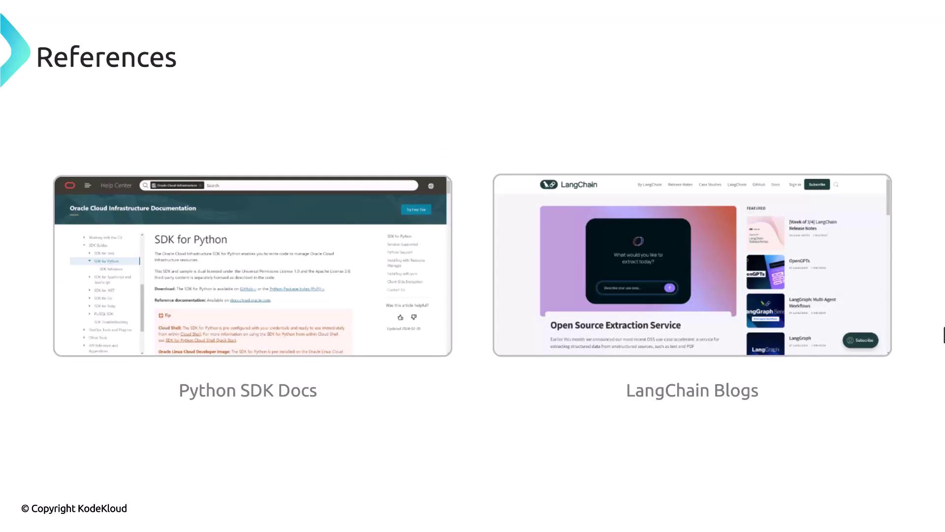 The image shows two website screenshots: one of the Oracle Cloud Infrastructure Documentation for Python SDK and the other of the LangChain blog page.