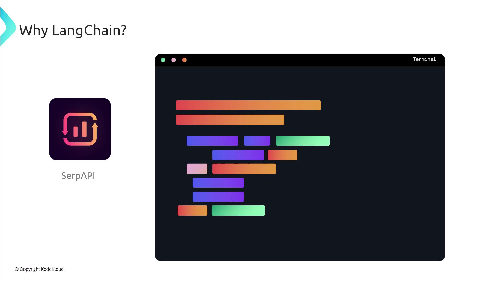 The image features a "Why LangChain?" title with a SerpAPI logo on the left and a colorful, abstract representation of code or data in a terminal window on the right.
