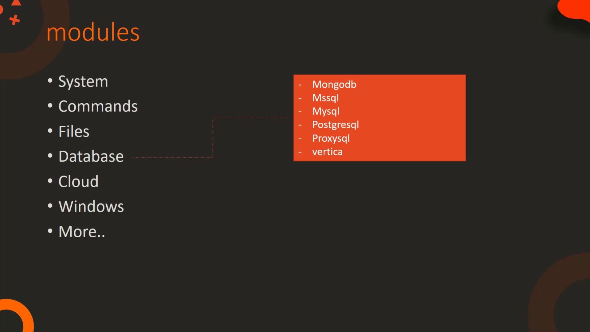The image lists modules like System, Commands, Files, Database, Cloud, Windows, and more, with a focus on databases such as MongoDB, MySQL, and PostgreSQL.