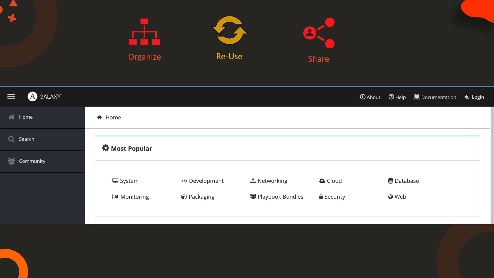 The image shows a webpage interface for "Galaxy" with navigation options like Home, Search, and Community, featuring categories such as System, Development, and Security.