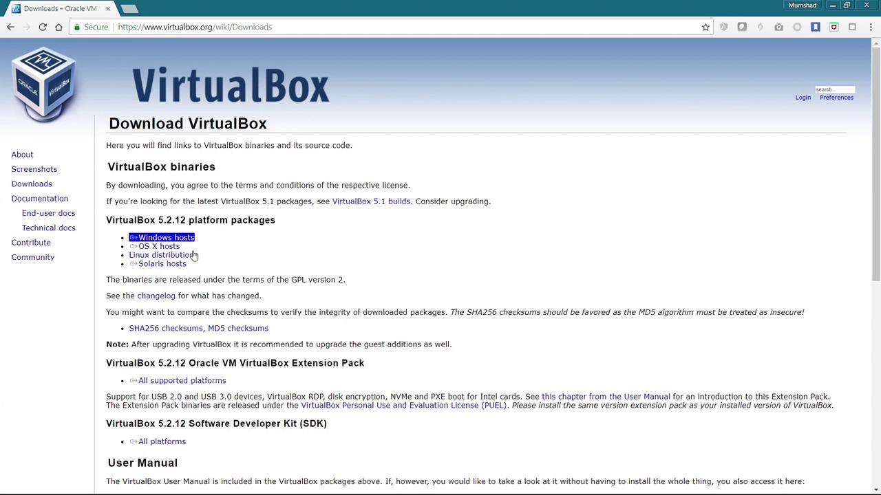 The image shows a webpage for downloading VirtualBox, listing platform packages for Windows, OS X, Linux, and Solaris, along with checksums and extension pack information.