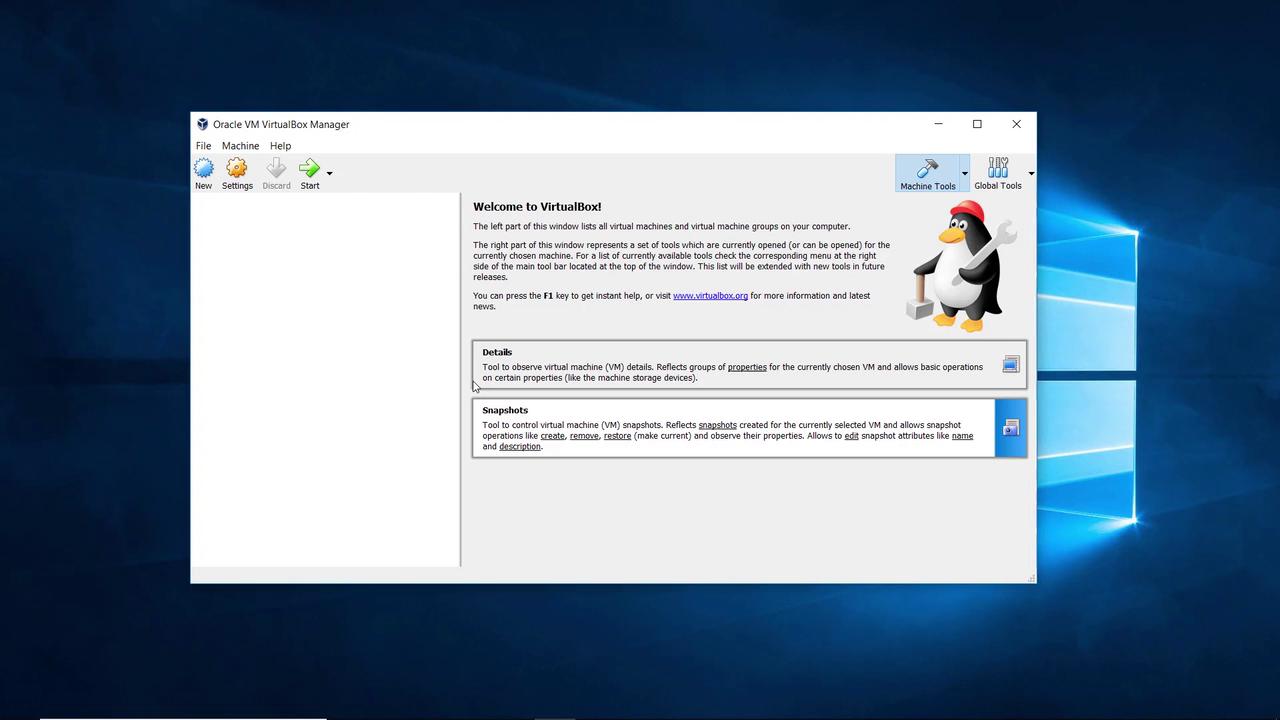 The image shows the Oracle VM VirtualBox Manager interface on a Windows desktop, displaying options for managing virtual machines and snapshots.
