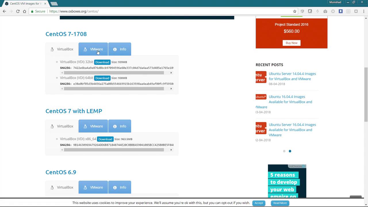 The image shows a webpage offering CentOS virtual machine images for download, with options for VirtualBox and VMware, and includes file sizes and SHA256 checksums.