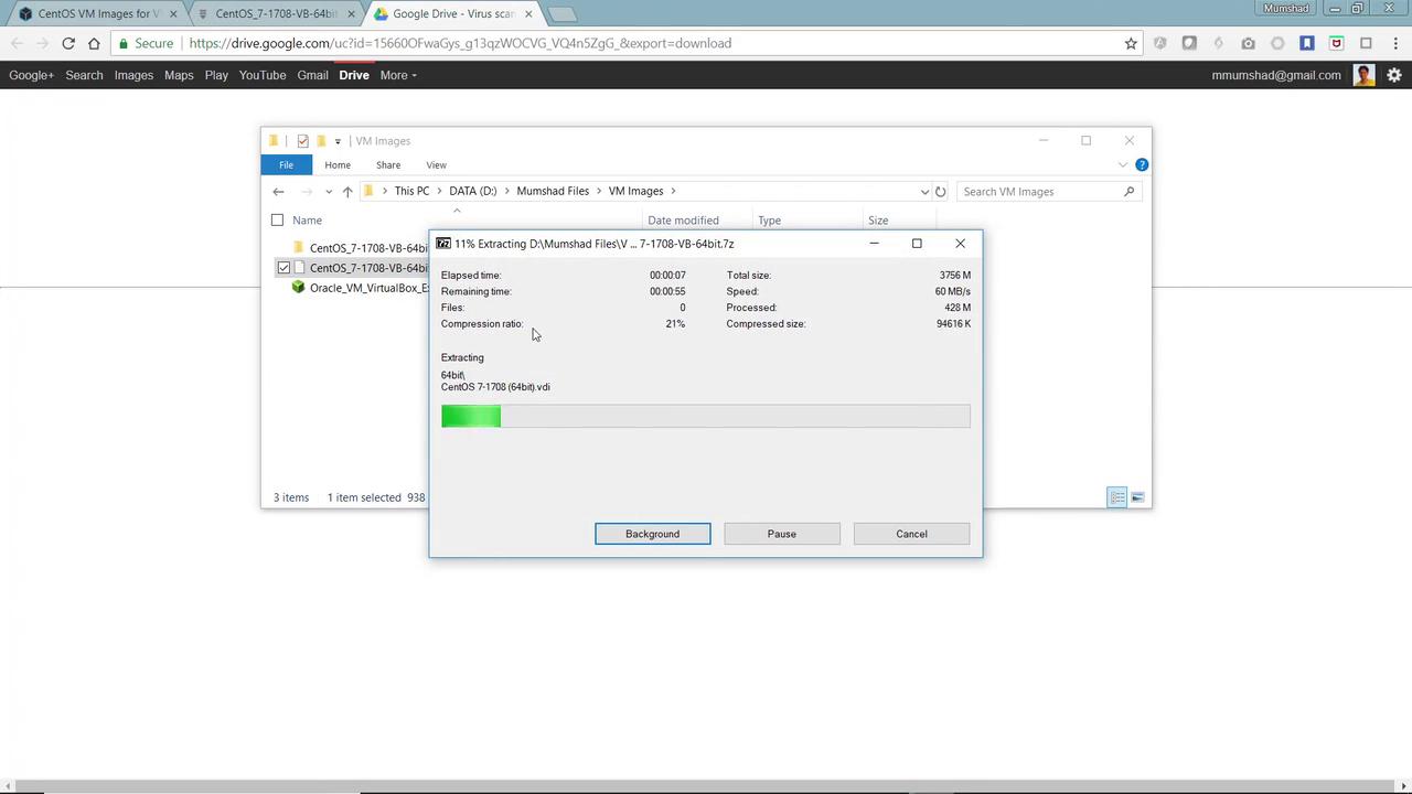 A file extraction process is underway on a Windows computer, showing progress details for a CentOS virtual machine image in a 7z archive.