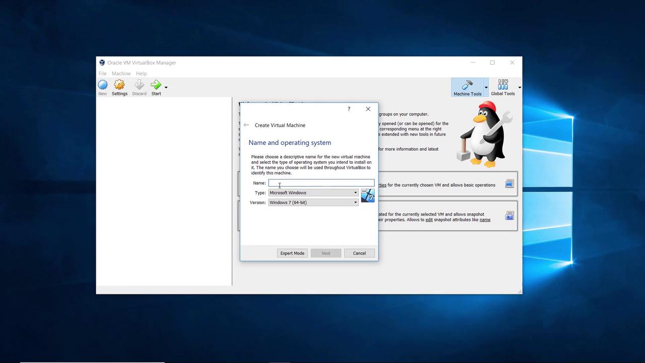 The image shows the Oracle VM VirtualBox Manager interface, with a dialog box open for creating a new virtual machine, selecting Windows 7 as the operating system.