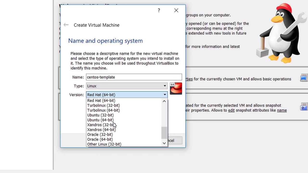 The image shows a VirtualBox interface for creating a virtual machine, with options to select the operating system type and version, such as Red Hat and Ubuntu.