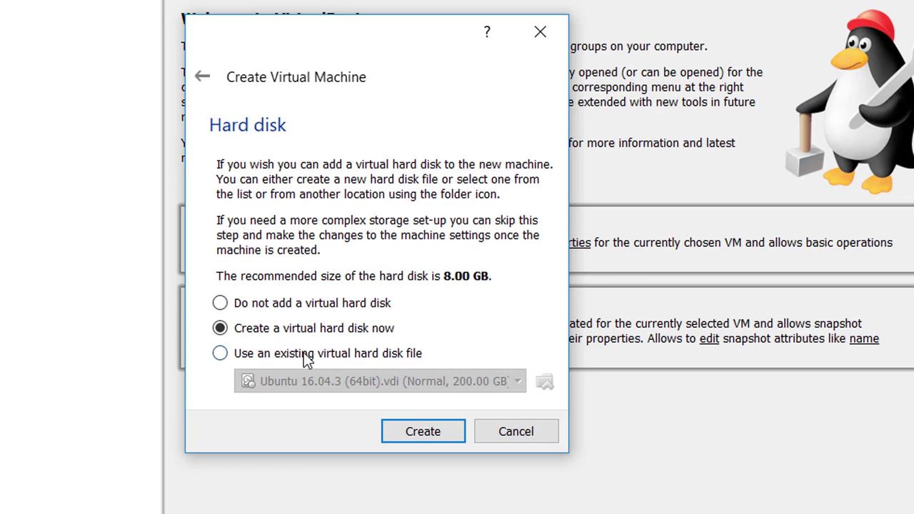 The image shows a virtual machine setup window, prompting the user to create or use an existing virtual hard disk, with options and a recommended size.