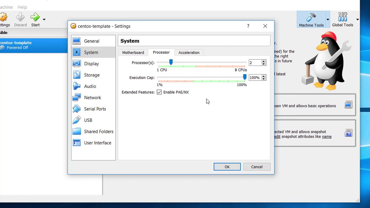 The image shows the settings window of a virtual machine in VirtualBox, focusing on the system processor configuration with options for CPU allocation and execution cap.