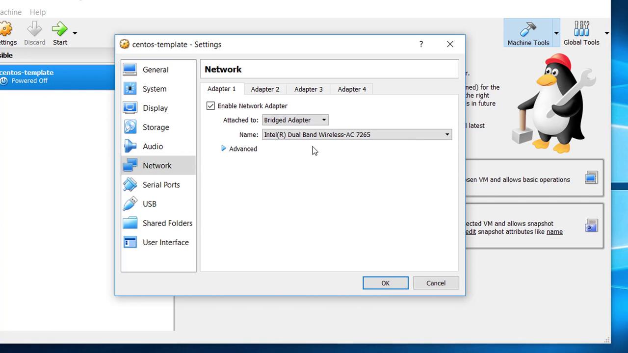 The image shows a VirtualBox settings window for a "centos-template" virtual machine, focusing on network settings with a bridged adapter configuration.