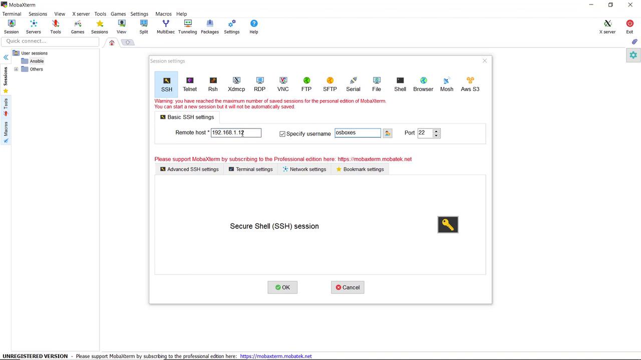 The image shows the MobaXterm application interface, specifically the session settings for establishing an SSH connection to a remote host with IP 192.168.1.12.