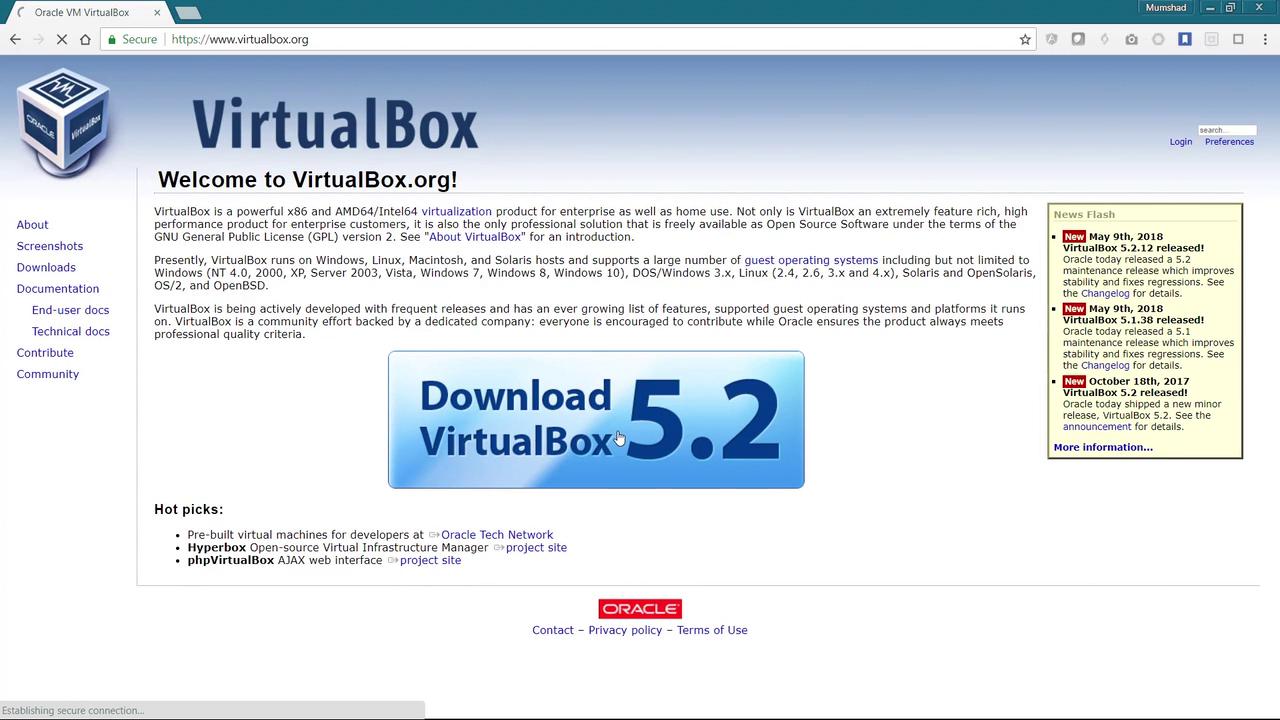 The image shows the VirtualBox website homepage, featuring a download button for version 5.2, navigation links, and a news flash section with release updates.