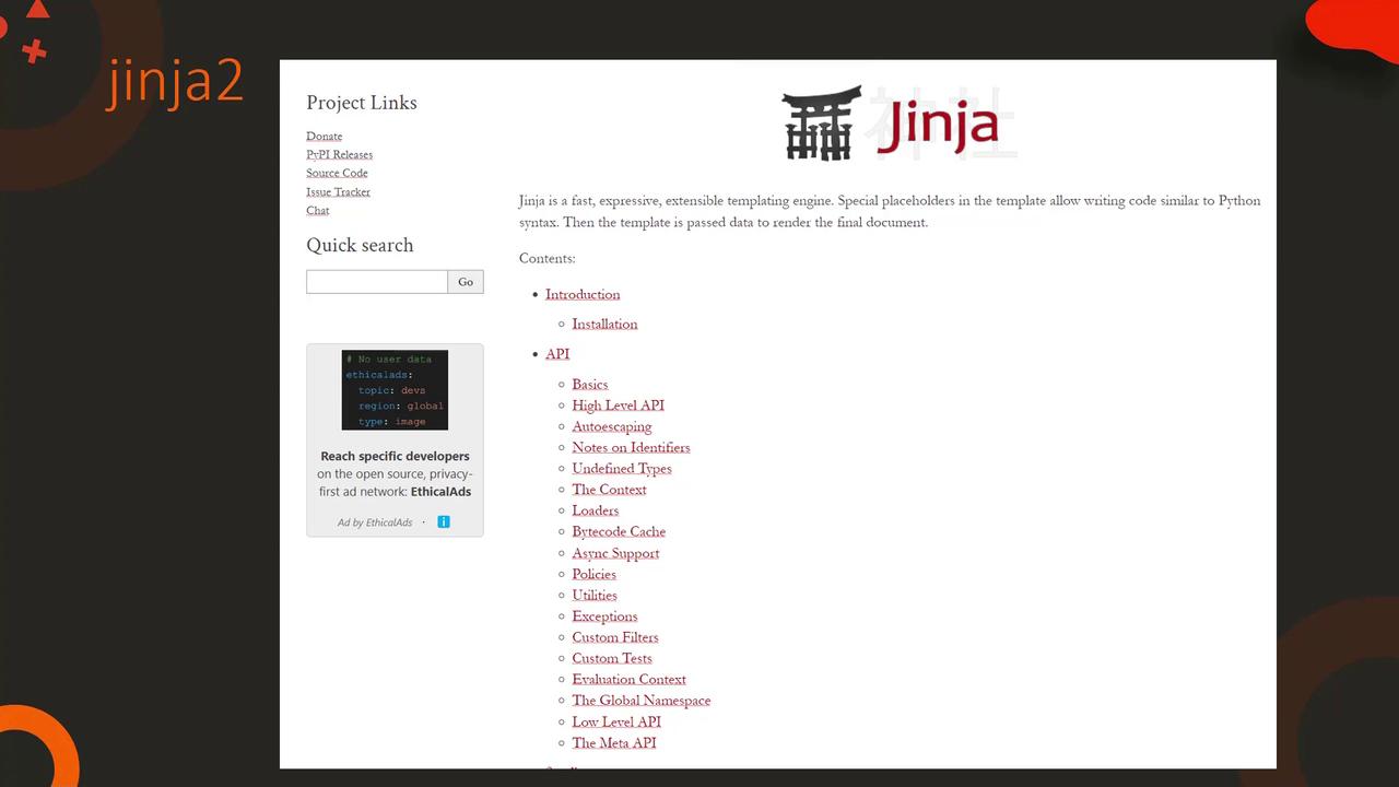 The image shows the Jinja2 documentation homepage, featuring project links, a quick search bar, and a table of contents for the templating engine's features.
