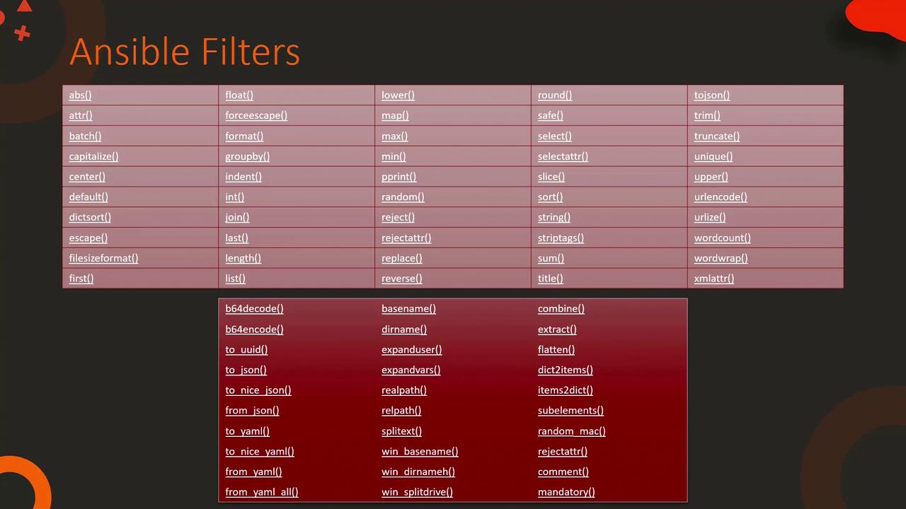 The image lists various Ansible filters, including functions like `abs()`, `capitalize()`, `join()`, `to_json()`, and `combine()`, used for data manipulation in Ansible.