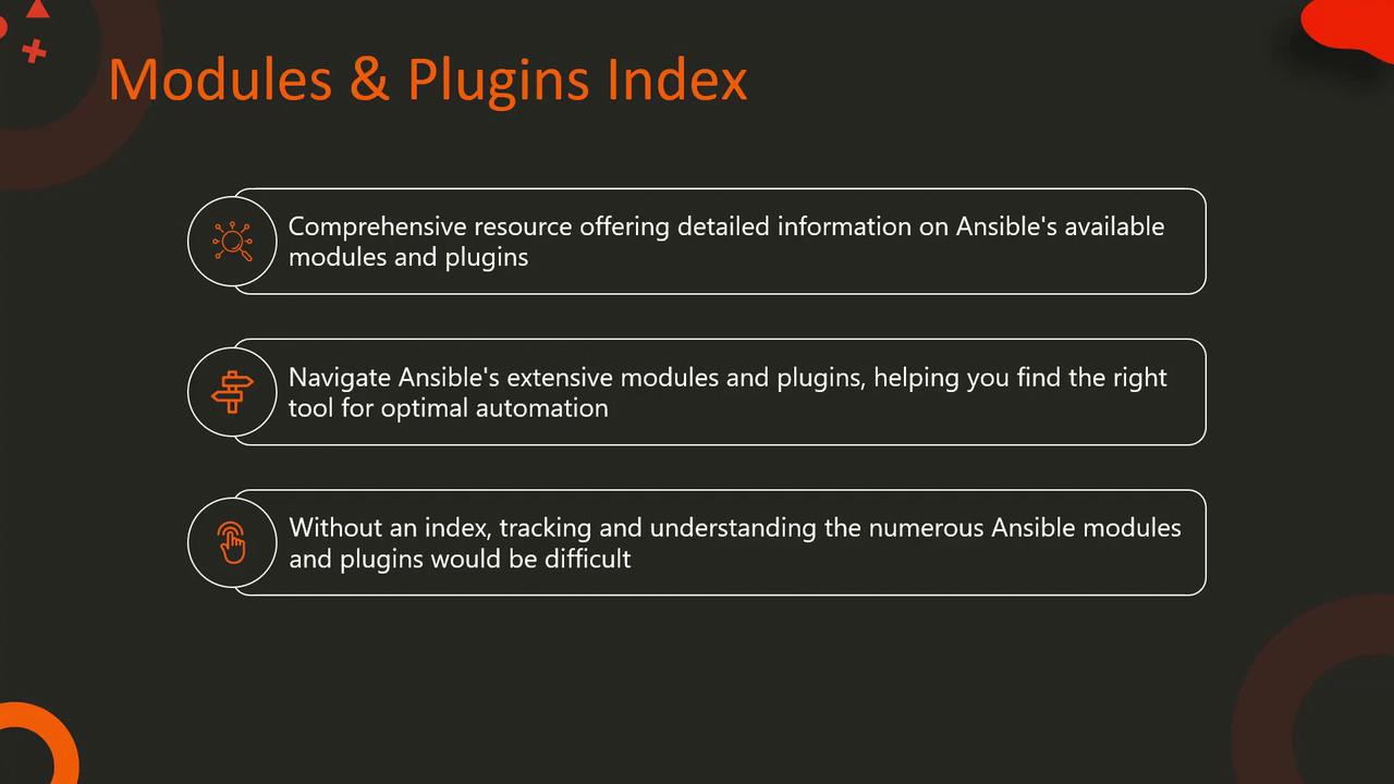 The image describes the "Modules & Plugins Index" for Ansible, highlighting its comprehensive resources, navigation tools, and the importance of indexing for module management.