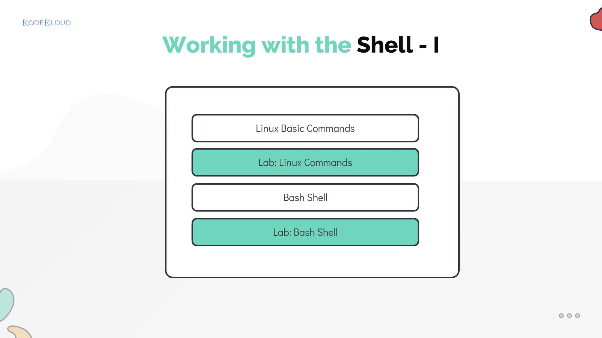 The image outlines a course module titled "Working with the Shell - I," featuring topics on Linux commands and Bash Shell, including labs for practical learning.