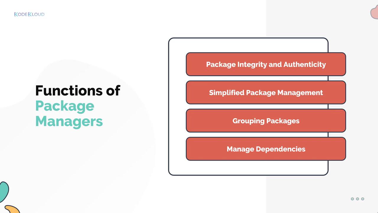 The image lists functions of package managers: package integrity and authenticity, simplified package management, grouping packages, and managing dependencies.