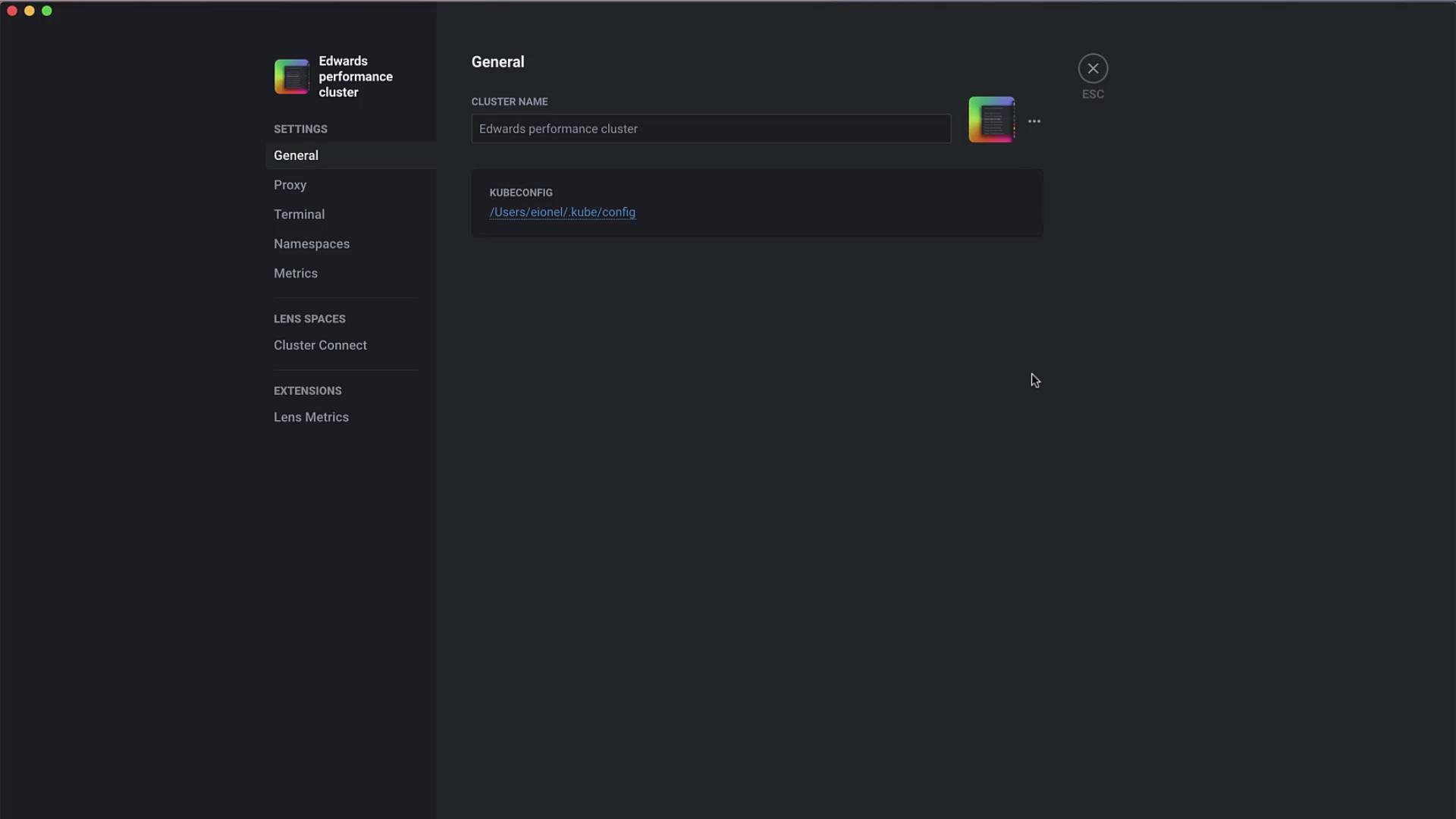 The image shows a dark-themed user interface for managing a Kubernetes cluster, with options like General, Proxy, Terminal, and Metrics on the left sidebar. The main section displays settings for a cluster named "Edwards performance cluster" and its Kubeconfig path.