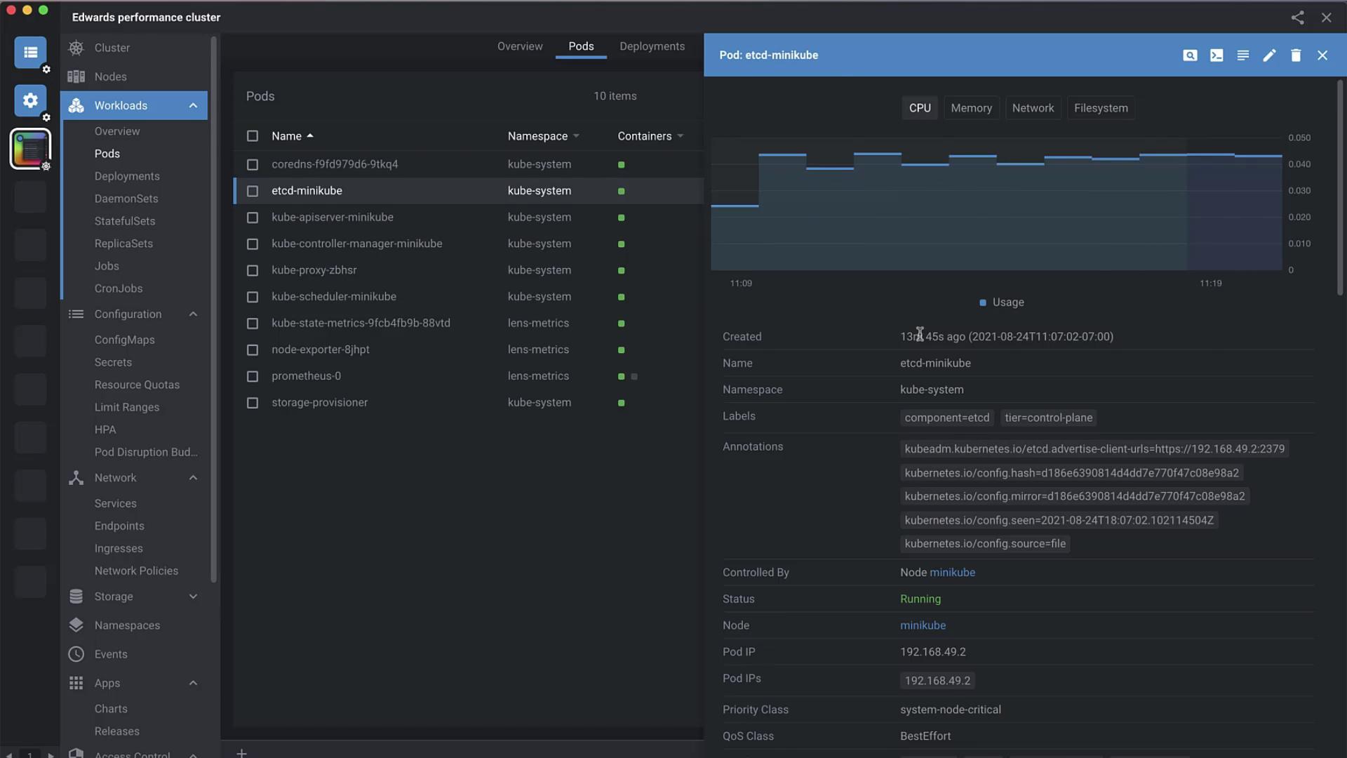 The image shows a dashboard interface for managing Kubernetes clusters, displaying details of pods, including CPU usage and metadata for a specific pod named "etcd-minikube."