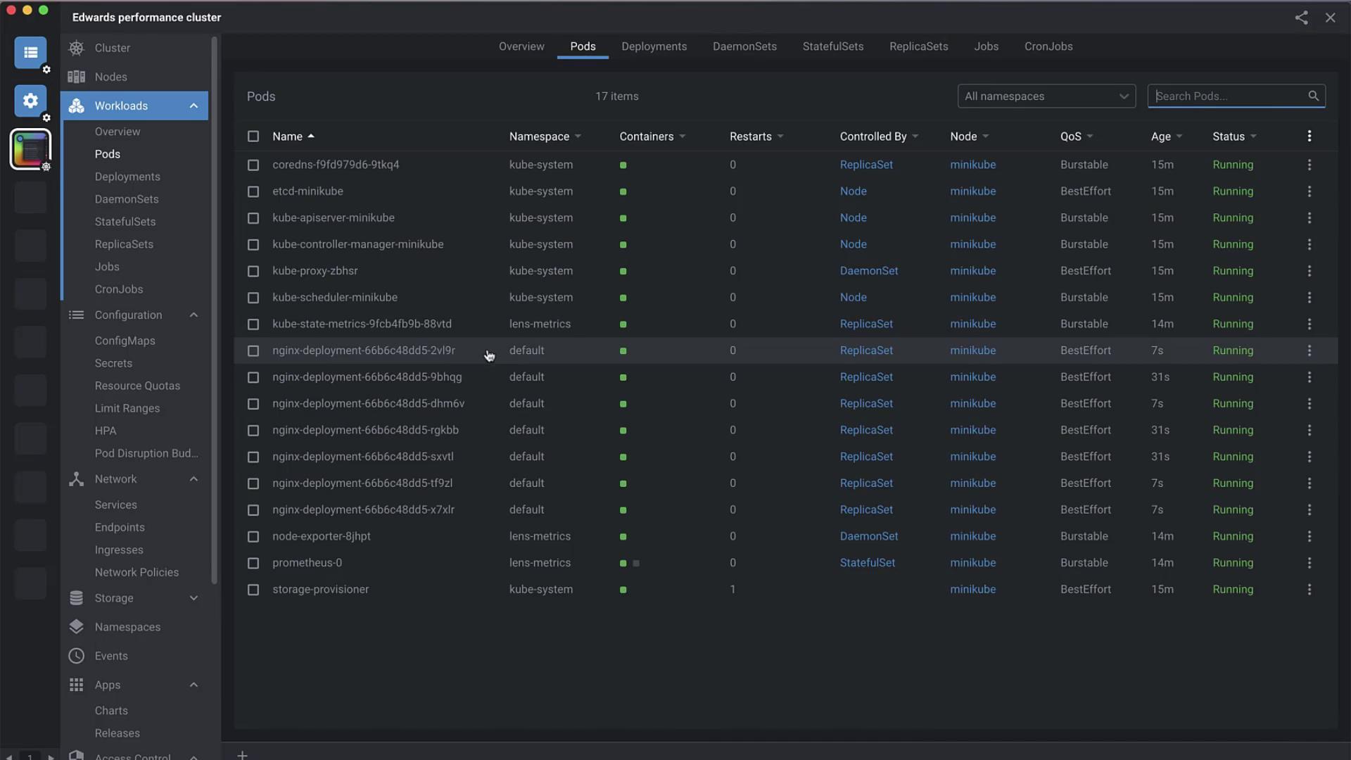 The image shows a dashboard interface for managing Kubernetes pods, displaying details such as pod names, namespaces, container status, and running status.