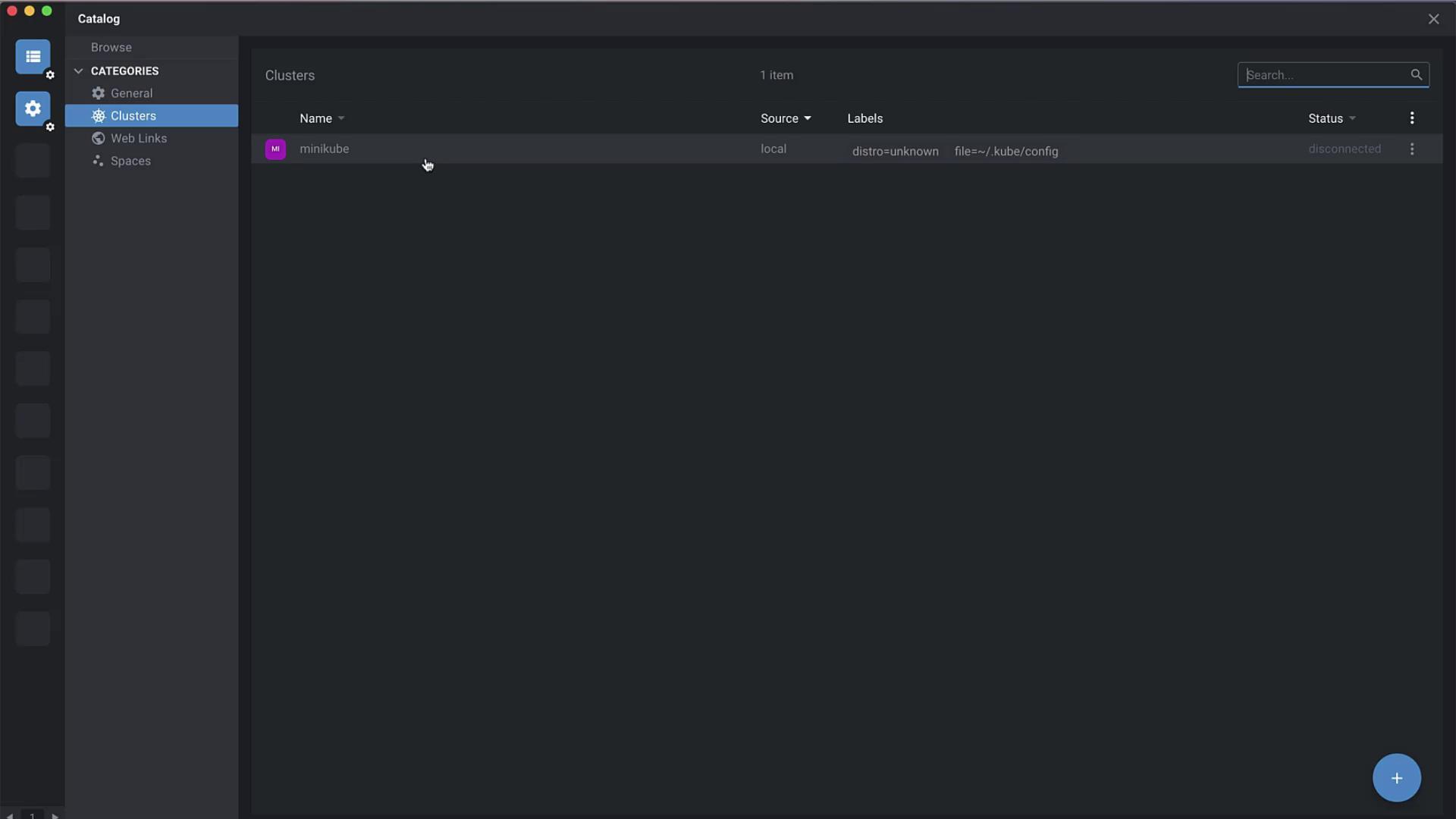 The image shows a software interface displaying a catalog with a list of clusters, including one named "minikube," which is currently disconnected. The interface has a dark theme with navigation options on the left.