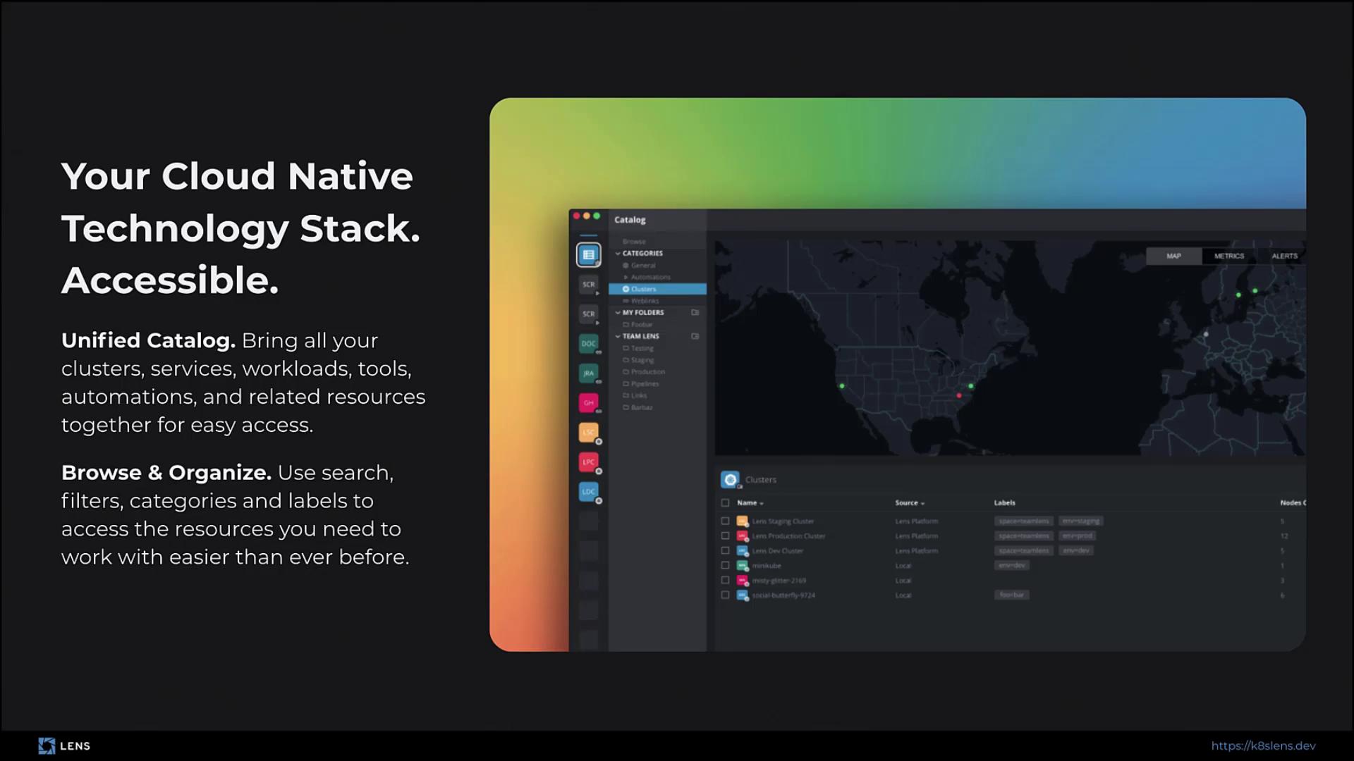 The image is a promotional graphic for a cloud-native technology stack, featuring a user interface with a map and a sidebar for organizing clusters and resources. It highlights features like a unified catalog and browsing capabilities.