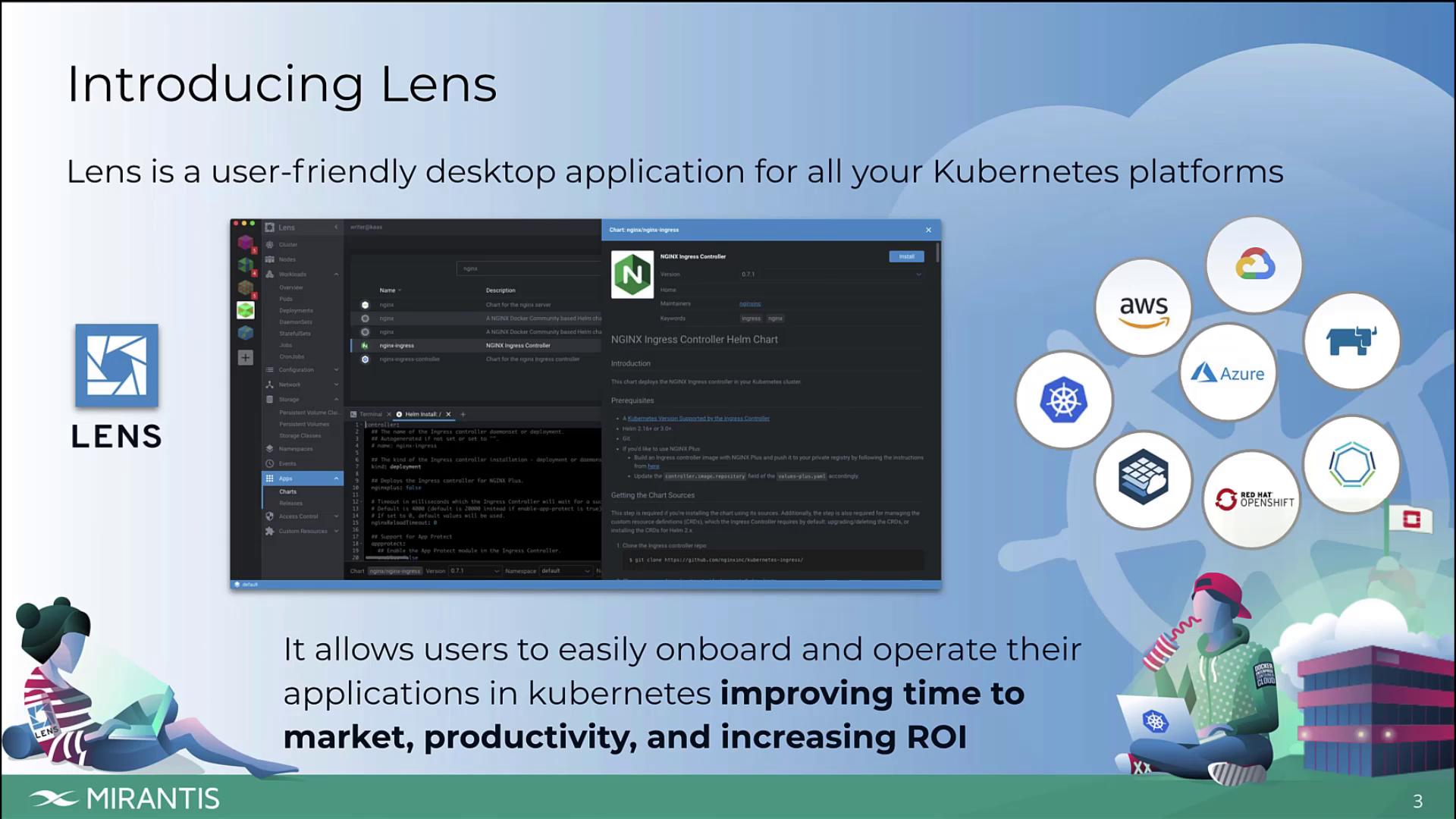 The image introduces "Lens," a user-friendly desktop application for Kubernetes platforms, highlighting its benefits in improving time to market, productivity, and ROI. It features a screenshot of the application interface and logos of various cloud services like AWS, Azure, and Google Cloud.