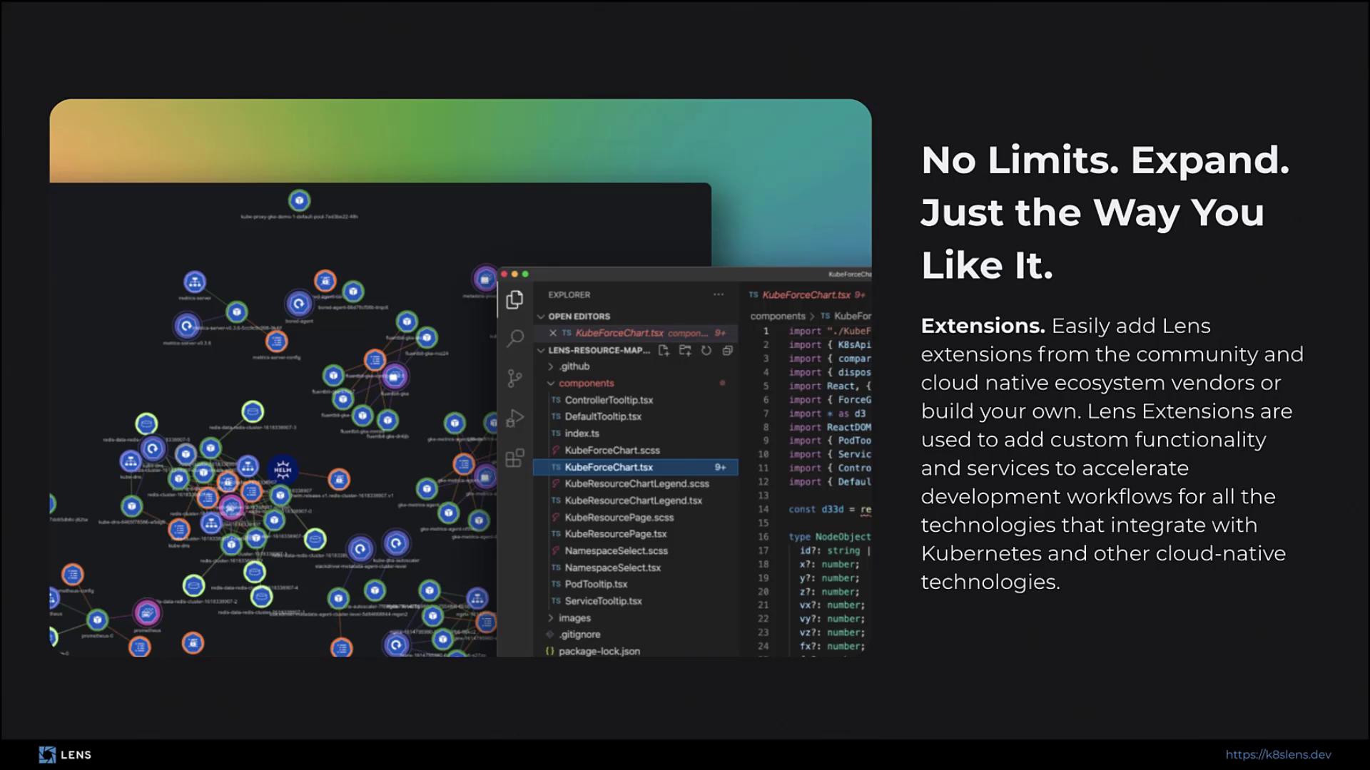 The image shows a software interface with a network diagram and code editor, alongside text promoting Lens extensions for cloud-native development.