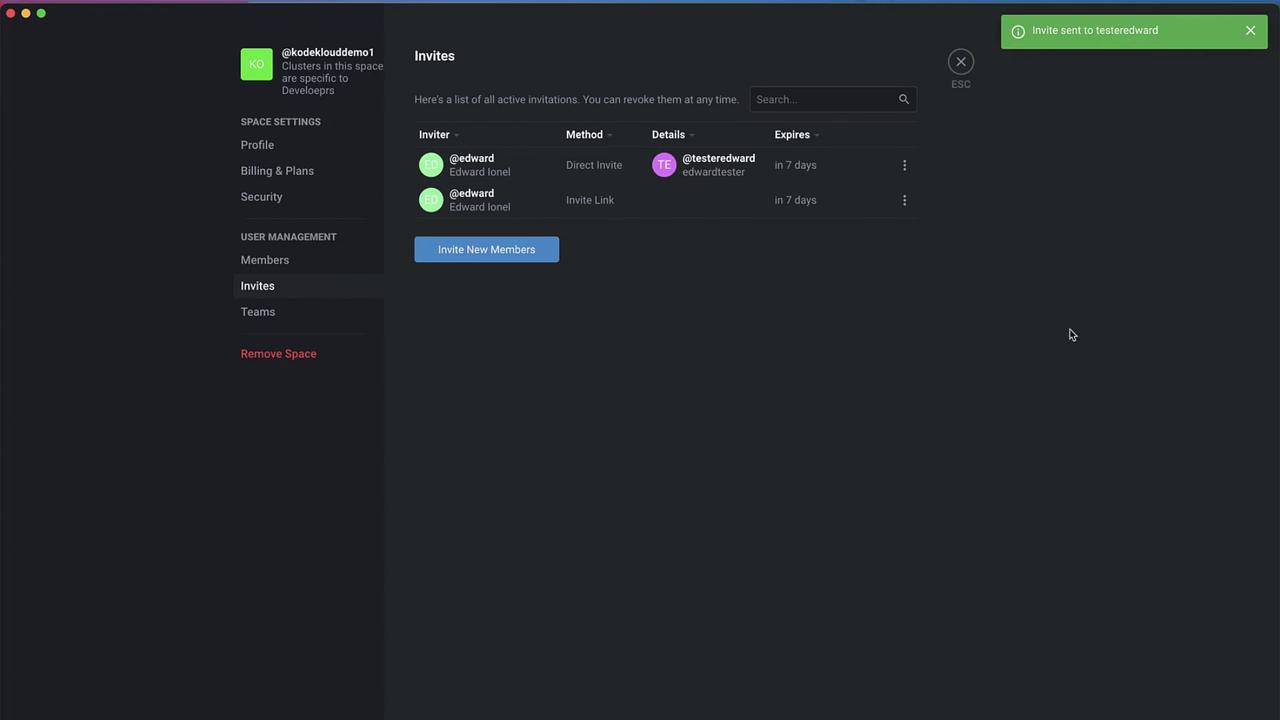 The image shows a user interface for managing invitations in a software application, displaying a list of active invitations with details such as inviter, method, and expiration. A notification confirms an invite was sent.