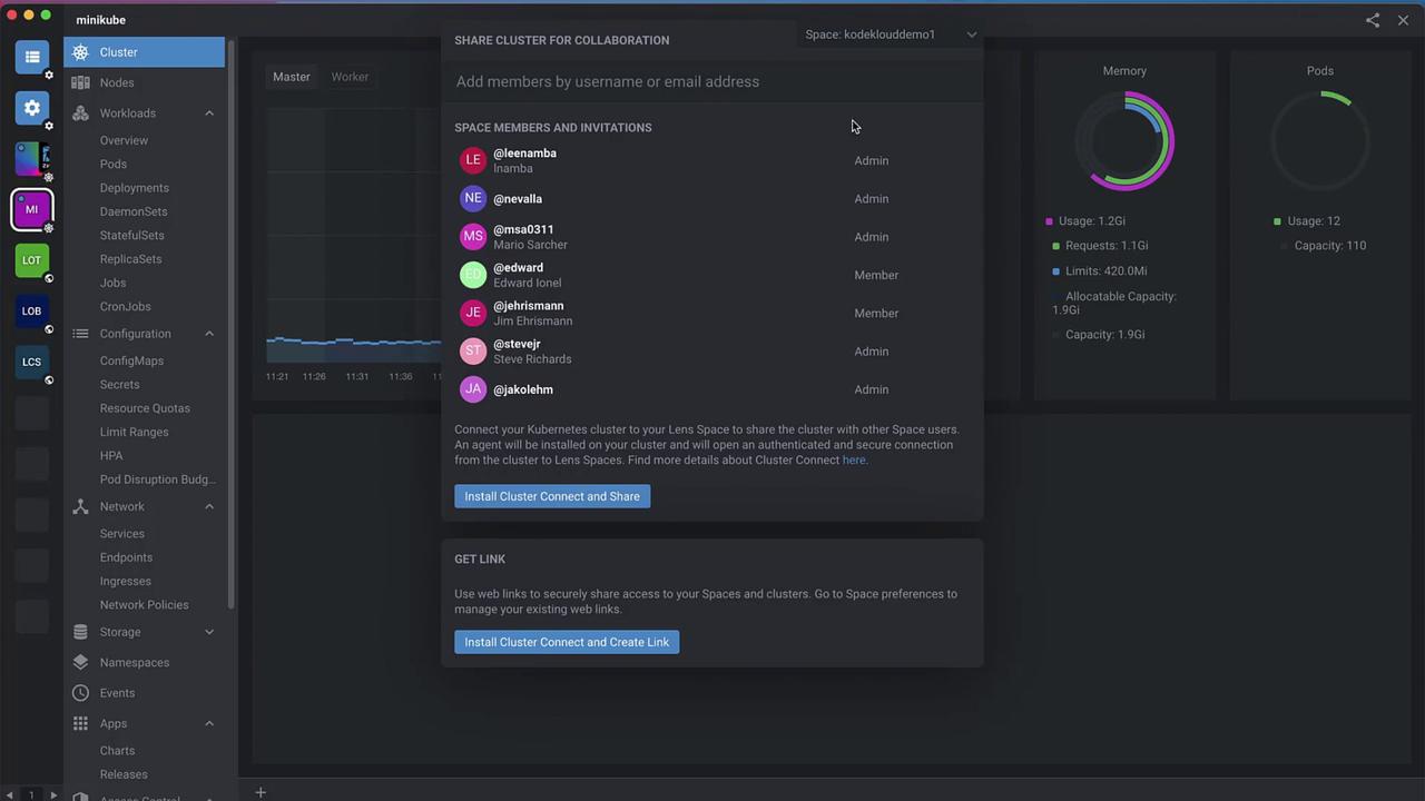 The image shows a software interface for managing a Kubernetes cluster, with options to add members for collaboration and view cluster metrics like memory and pod usage.
