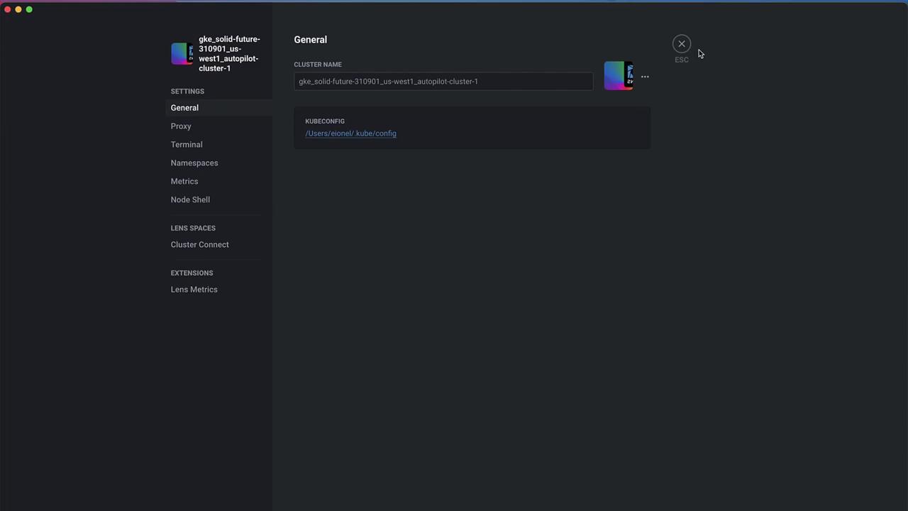 The image shows a dark-themed user interface of a software application, displaying settings for a Kubernetes cluster with options like General, Proxy, Terminal, and more on the left sidebar.