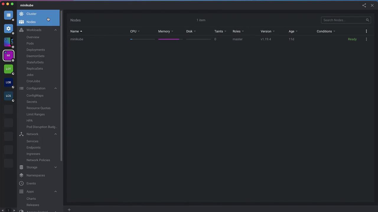 The image shows a dashboard interface for managing a Kubernetes cluster using Minikube, displaying node details such as CPU, memory, and status. The left sidebar contains various options for managing workloads, configurations, and network settings.
