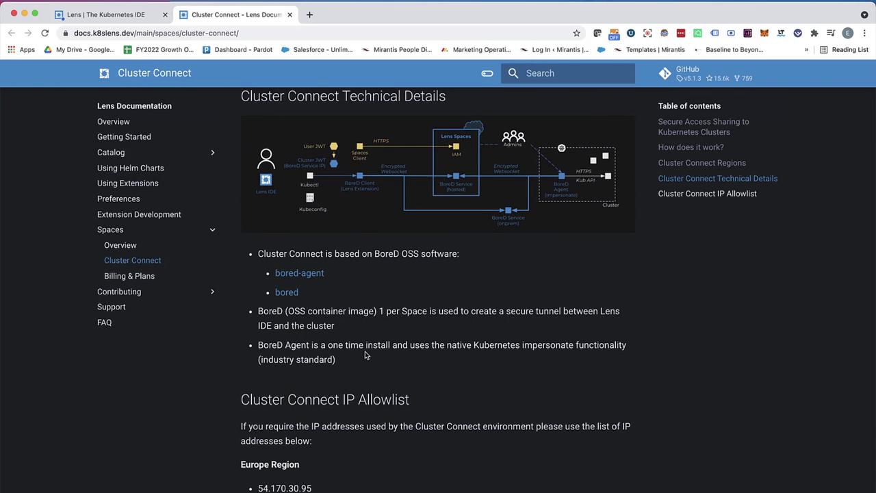The image shows a webpage from the Lens documentation, specifically detailing "Cluster Connect Technical Details" with a diagram and text explaining the use of BoreD OSS software for secure tunneling.