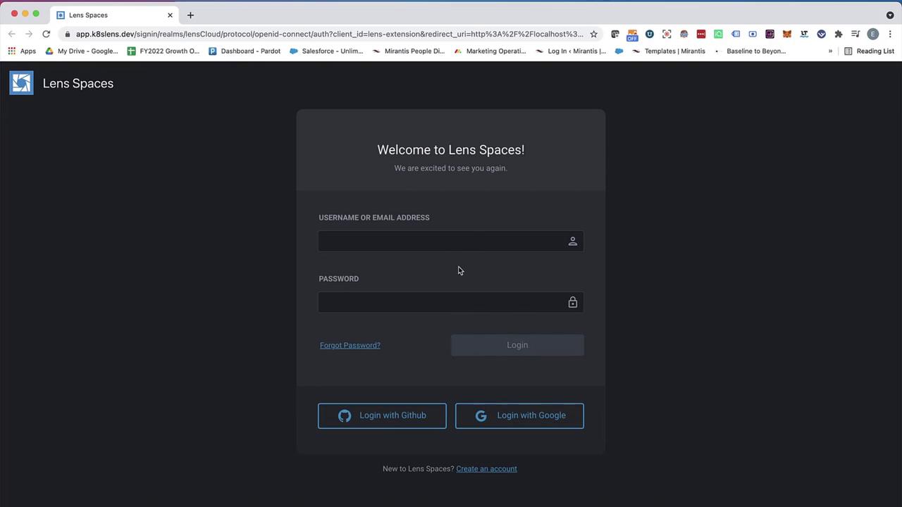 The image shows a login page for "Lens Spaces" with fields for a username or email address and password, along with options to log in using GitHub or Google.