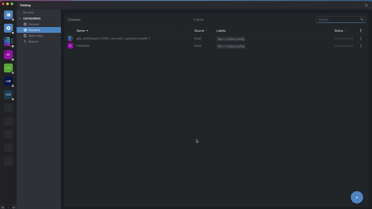 The image shows a software interface displaying a catalog of clusters, with two items listed as disconnected. The left sidebar contains various category icons.