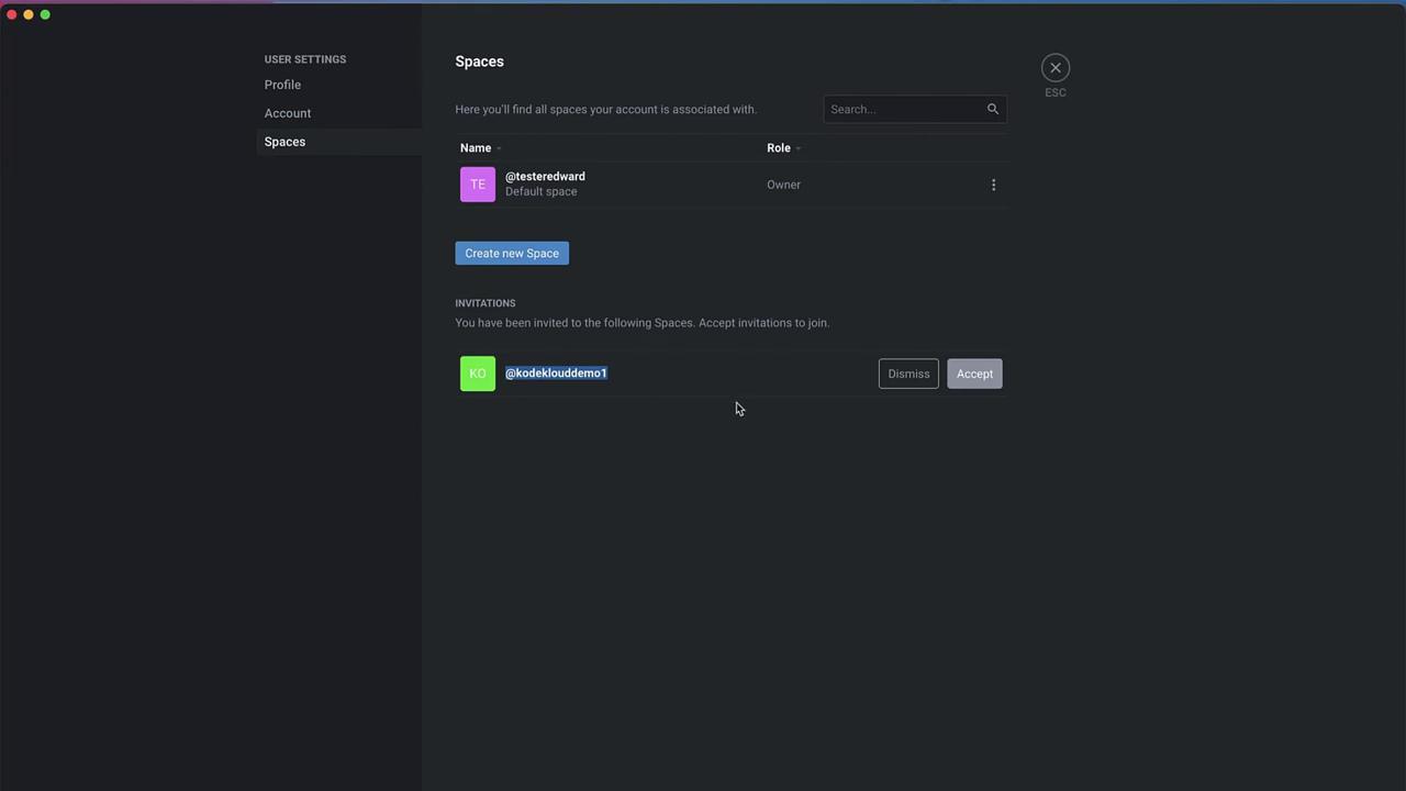 The image shows a user interface for managing spaces, with options to create a new space and accept or dismiss invitations. It includes a list of spaces with roles and an invitation to join another space.