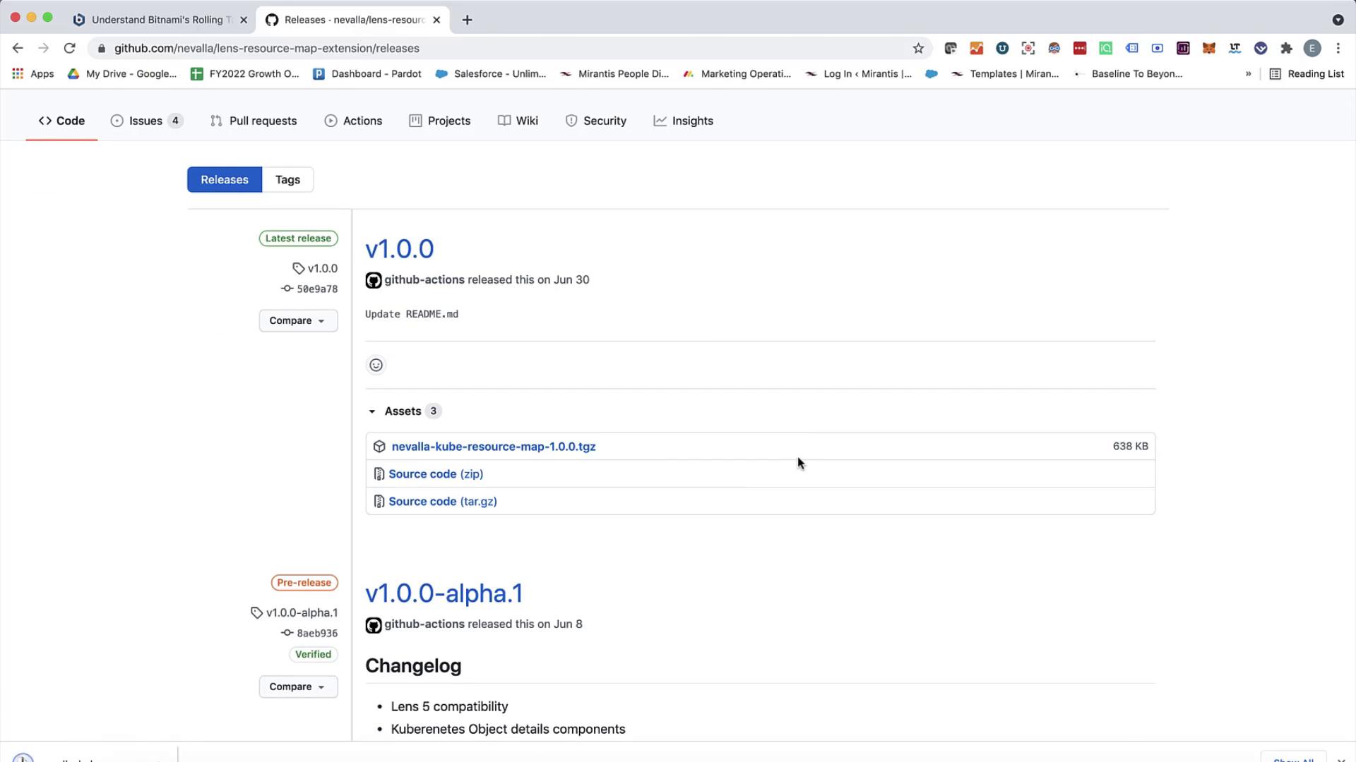 The image shows a GitHub releases page for a project, displaying version v1.0.0 with download links for assets and a changelog for a pre-release version v1.0.0-alpha.1.
