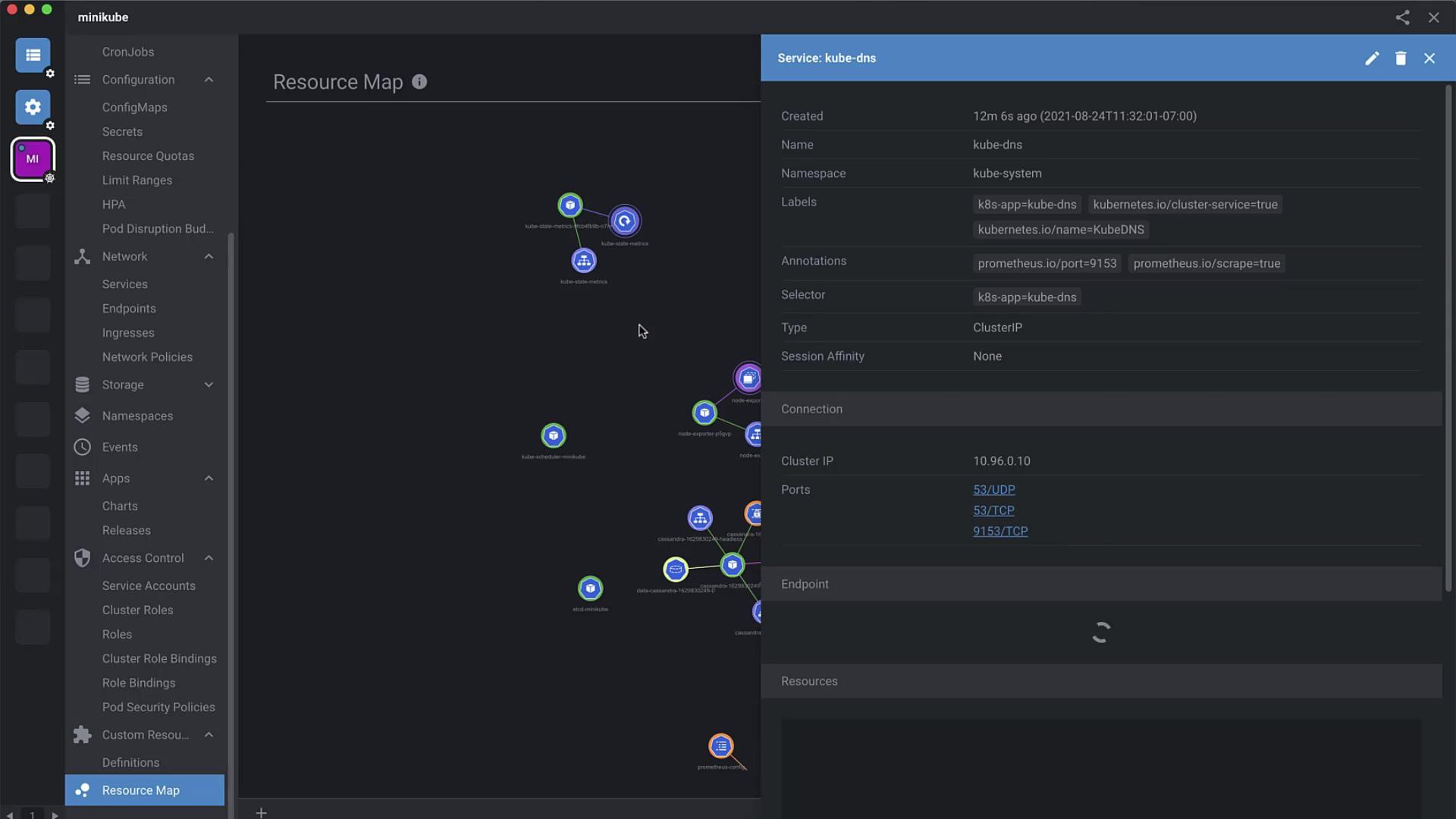 The image shows a Kubernetes dashboard with a resource map and details of a service called "kube-dns" on the right panel. The left sidebar contains various Kubernetes resources and configurations.