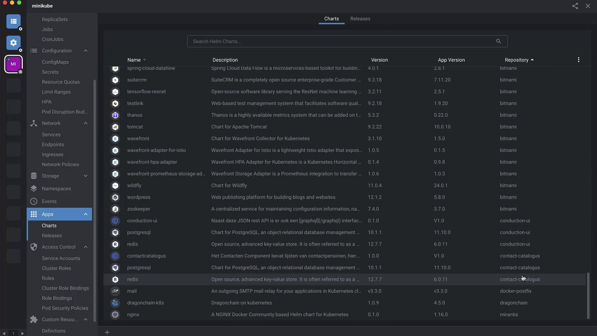 The image shows a software interface listing various Helm charts, including their names, descriptions, versions, app versions, and repositories. The interface appears to be part of a Kubernetes management tool.