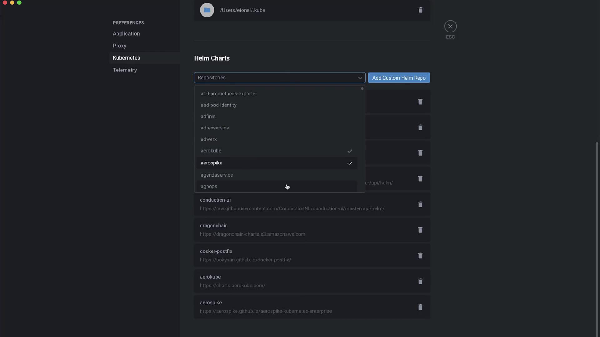 The image shows a software interface for managing Helm charts, with a dropdown menu listing various repositories and an option to add a custom Helm repository.