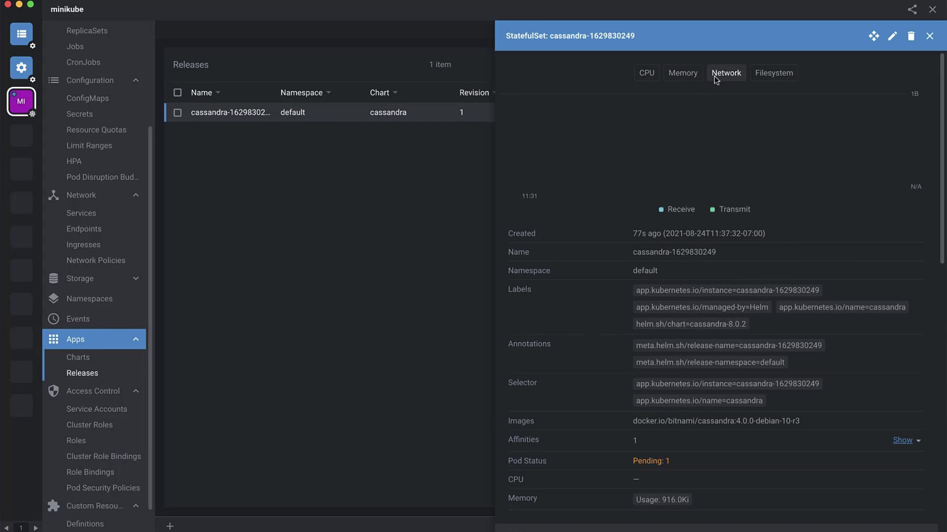 The image shows a Kubernetes dashboard in Minikube, displaying details of a Cassandra StatefulSet, including its status, labels, and resource usage.